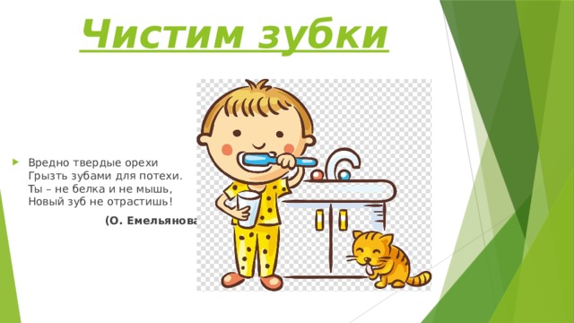 Чистим зубки Вредно твердые орехи  Грызть зубами для потехи.  Ты – не белка и не мышь,  Новый зуб не отрастишь!  (О. Емельянова) 