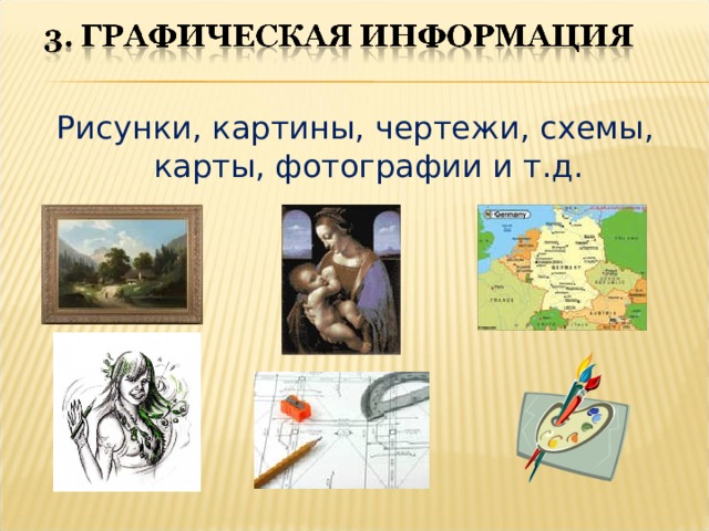 Рисунки, картины, чертежи, схемы, карты, фотографии и т.д. 