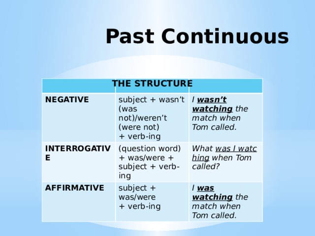 Past Continuous THE STRUCTURE NEGATIVE subject + wasn’t (was not)/weren’t (were not) + verb-ing INTERROGATIVE (question word) + was/were + subject + verb-ing I  wasn’t watching  the match when Tom called. AFFIRMATIVE What  was I watching  when Tom called? subject + was/were + verb-ing I  was watching  the match when Tom called. 