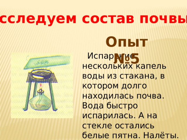 Исследуем состав почвы Опыт №5  Испарение нескольких капель воды из стакана, в котором долго находилась почва. Вода быстро испарилась. А на стекле остались белые пятна. Налёты.  Сделайте вывод , что это за пятна? 