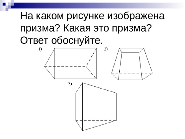На каком рисунке изображена призма? Какая это призма? Ответ обоснуйте. 