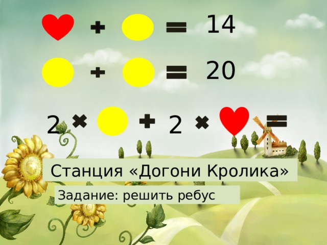 14 20 2 2 Давайте поможем Алисе догнать кролика. Для этого надо решить вот такой вот ребус. Чтобы узнать с какой скоростью бежал кролик. Ответ: 28 Максимальная скорость бега кролика может составлять 28-32 км в час. Зайцы, в свою очередь, способны развивать скорость бега 55-65 км в час. Для сравнения, обычный хищник кроликов - серая лиса бегает со скоростью до 67 км в час. Станция «Догони Кролика» Задание: решить ребус  