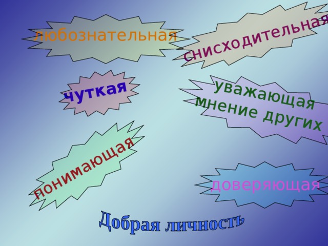  чуткая   уважающая мнение других понимающая снисходительная любознательная доверяющая 