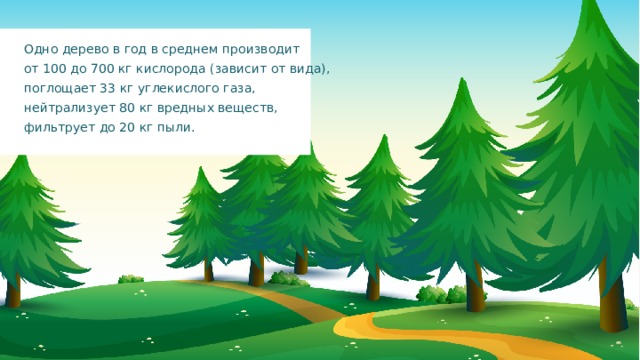 Одно дерево в год в среднем производит от 100 до 700 кг кислорода (зависит от вида), поглощает 33 кг углекислого газа, нейтрализует 80 кг вредных веществ, фильтрует до 20 кг пыли.  