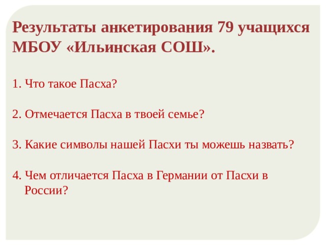 Результаты анкетирования 79 учащихся МБОУ «Ильинская СОШ».  1. Что такое Пасха? 2. Отмечается Пасха в твоей семье? 3. Какие символы нашей Пасхи ты можешь назвать? 4. Чем отличается Пасха в Германии от Пасхи в России? 