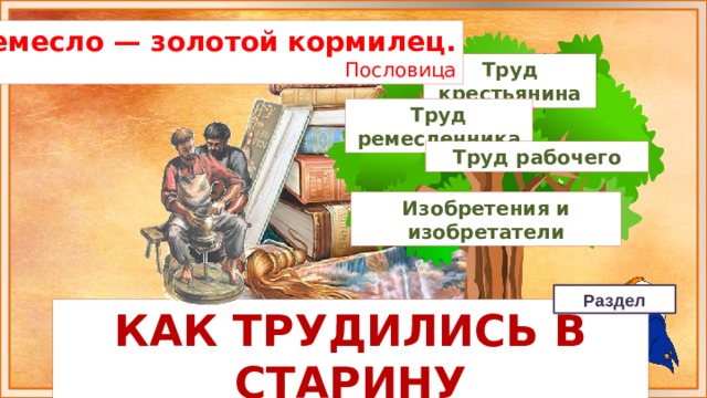 Ремесло — золотой кормилец. Пословица Труд крестьянина Труд ремесленника Труд рабочего Изобретения и изобретатели Раздел Как трудились в старину 