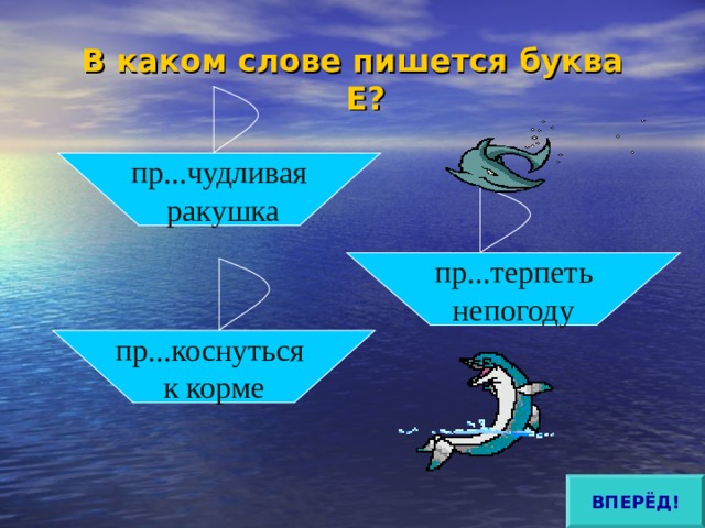 В каком слове пишется буква Е?   пр...чудливая  ракушка пр...терпеть непогоду пр...коснуться к корме ВПЕРЁД! 