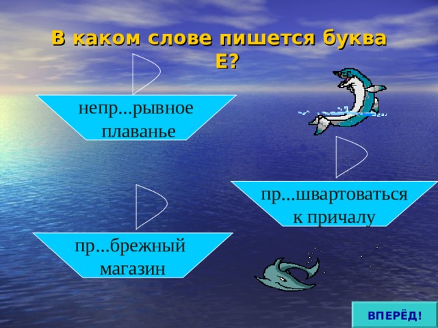 В каком слове пишется буква Е? непр...рывное  плаванье пр...швартоваться к причалу пр...брежный магазин ВПЕРЁД! 
