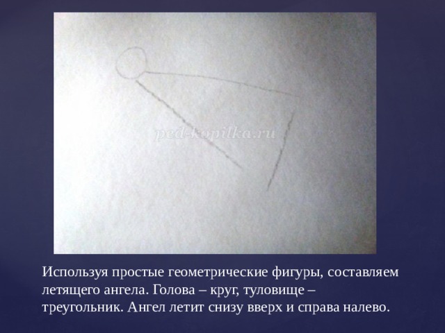 Используя простые геометрические фигуры, составляем летящего ангела. Голова – круг, туловище – треугольник. Ангел летит снизу вверх и справа налево. 
