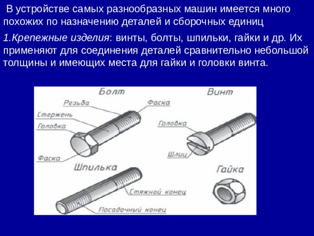   В устройстве самых разнообразных машин имеется много похожих по назначению деталей и сборочных единиц 1.Крепежные изделия : винты, болты, шпильки, гайки и др. Их применяют для соединения деталей сравнительно небольшой толщины и имеющих места для гайки и головки винта. 