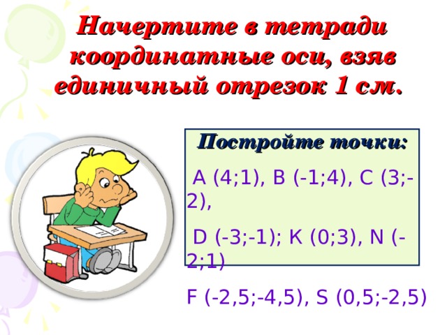 Начертите в тетради координатные оси, взяв единичный отрезок 1 см.  Постройте точки:  А (4;1), В (-1;4), С (3;-2),  D (-3;-1); К (0;3), N (-2; 1 ) F (-2,5;-4,5), S (0,5;-2,5) 