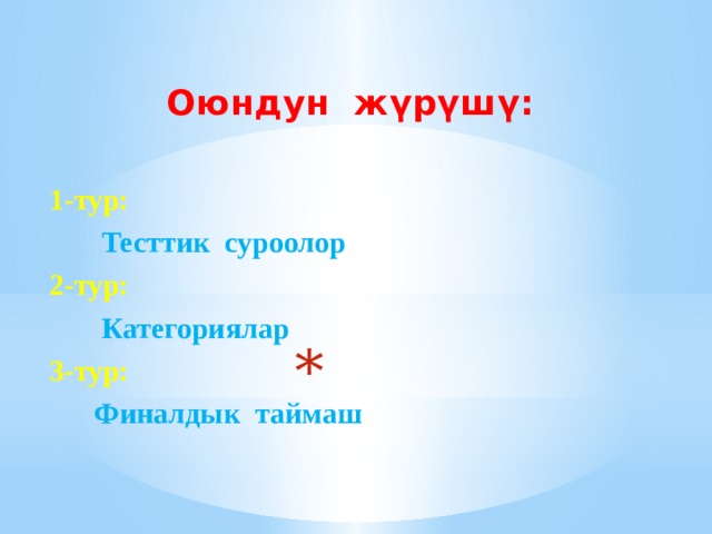 Оюндун жүрүшү:  1-тур:  Тесттик суроолор 2-тур:  Категориялар 3-тур:  Финалдык таймаш    