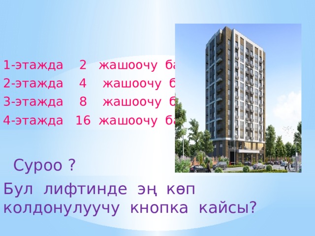 1-этажда 2 жашоочу бар 2-этажда 4 жашоочу бар 3-этажда 8 жашоочу бар 4-этажда 16 жашоочу бар  Суроо ? Бул лифтинде эң көп колдонулуучу кнопка кайсы?  1-суроо 