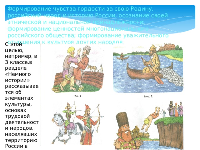 Формирование чувства гордости за свою Родину, российский народ и историю России, осознание своей этнической и национальной принадлежности; формирование ценностей многонационального российского общества; формирование уважительного отношения к культуре других народов. С этой целью, например, в 3 классе.в разделе «Немного истории» рассказывается об элементах культуры, основах трудовой деятельности народов, населявших территорию России в древние времена 