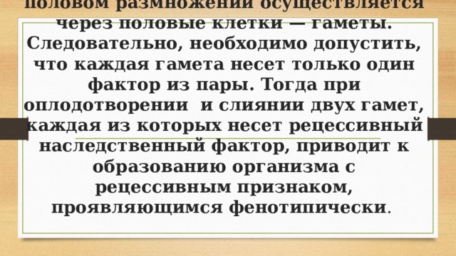     Связь между поколе­ниями при половом размножении осуществляется через по­ловые клетки — гаметы. Следовательно, необходимо допус­тить, что каждая гамета несет только один фактор из пары. Тогда при оплодотворении и слиянии двух гамет, каждая из которых несет рецессивный наследственный фактор, при­водит к образованию организма с рецессивным признаком, проявляющимся фенотипически . 