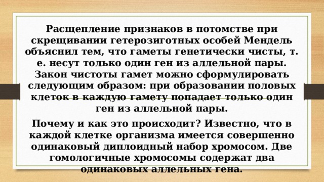 Расщепление признаков в потомстве при скрещивании гетерозиготных особей Мендель объяснил тем, что гаметы генетически чисты, т. е. несут только один ген из аллельной пары. Закон чистоты гамет можно сформулировать следующим образом: при образовании половых клеток в каждую гамету попадает только один ген из аллельной пары. Почему и как это происходит? Известно, что в каждой клетке организма имеется совершенно одинаковый диплоидный набор хромосом. Две гомологичные хромосомы содержат два одинаковых аллельных гена.  