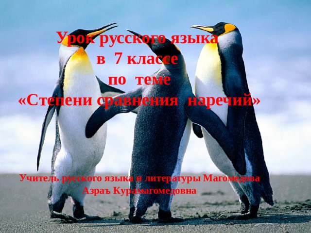 Урок русского языка  в 7 классе  по теме  «Степени сравнения наречий»     Учитель русского языка и литературы Магомедова Азраъ Курамагомедовна    