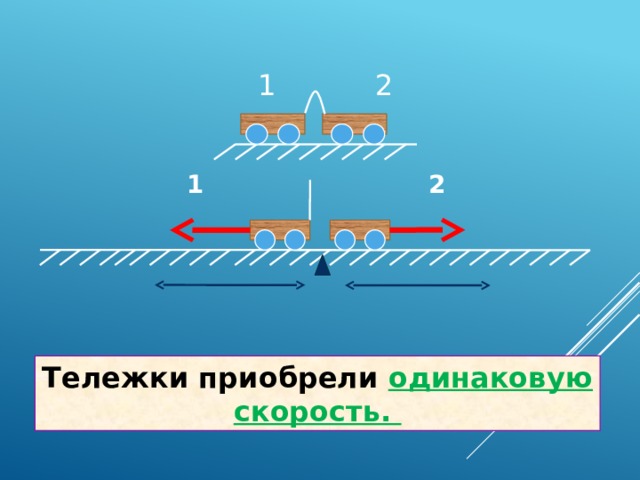 1 2 1 2 Тележки приобрели одинаковую скорость. 