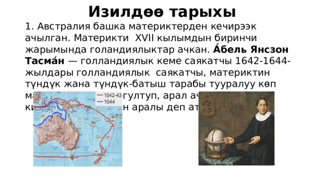 Изилдөө тарыхы  1. Австралия башка материктерден кечирээк ачылган. Материкти XVII кылымдын биринчи жарымында голандиялыктар ачкан. А́бель Янсзон Тасма́н — голландиялык кеме саякатчы 1642-1644-жылдары голландиялык саякатчы, материктин түндүк жана түндүк-батыш тарабы тууралуу көп маалыматтарды чогултуп, арал ачып, аны кийинчерээк Тасман аралы деп аталып калган. 