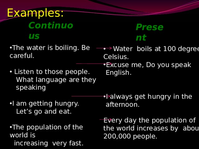 Examples: Continuous The water is boiling. Be careful.  Listen to those people.  What language are they  speaking I am getting hungry.  Let’s go and eat. The population of the world is  increasing very fast. Present  Water boils at 100 degrees Celsius. Excuse me, Do you speak  English. I always get hungry in the  afternoon. Every day the population of the world increases by about 200,000 people. 