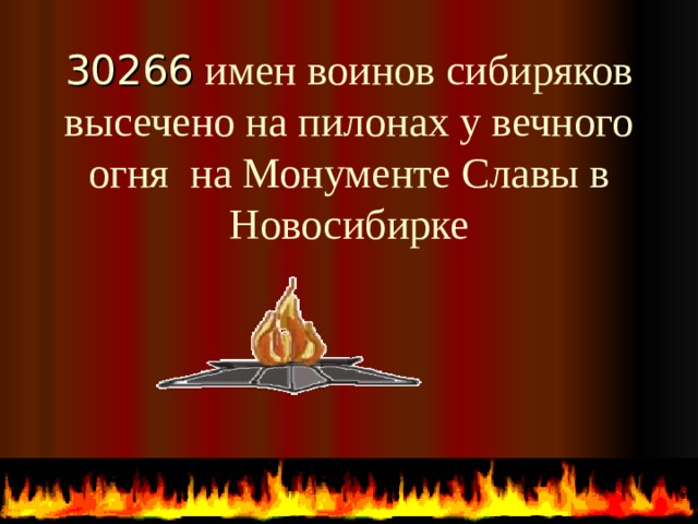 30266 имен воинов сибиряков высечено на пилонах у вечного огня на Монументе Славы в Новосибирке  
