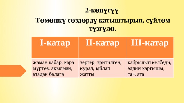 2-кѳнүгүү Төмөнкү сөздөрдү катыштырып, сүйлѳм түзгүлѳ. I-катар  II-катар жаман кабар, кара мүртөз, акылман, атадан балага III-катар зергер, эритилген, курал, ыйлап жатты кайрылып келбеди, элдин каргышы, таӊ ата 