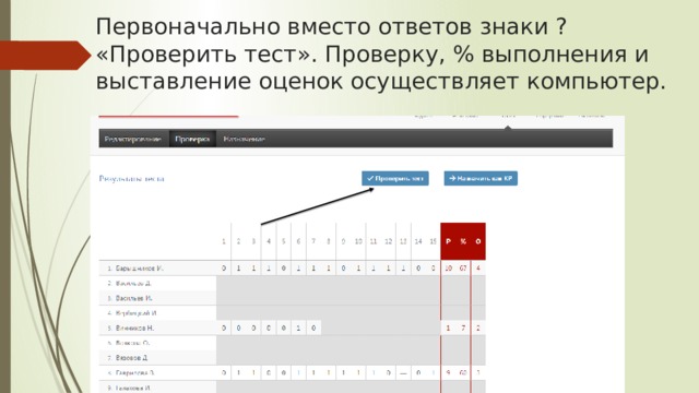 Первоначально вместо ответов знаки ? «Проверить тест». Проверку, % выполнения и выставление оценок осуществляет компьютер. 
