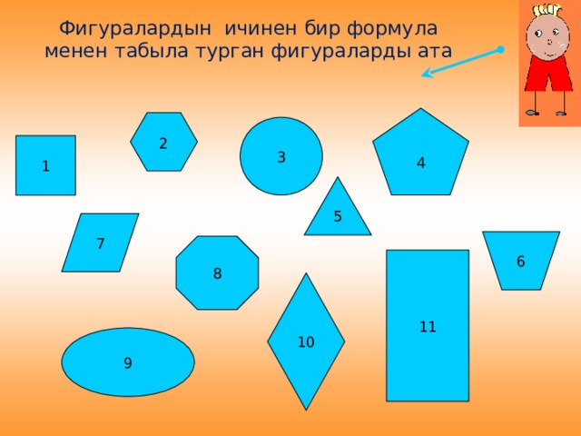 Фигуралардын ичинен бир формула менен табыла турган фигураларды ата 4 3 2 1 5 7 6 8 11 10 9 