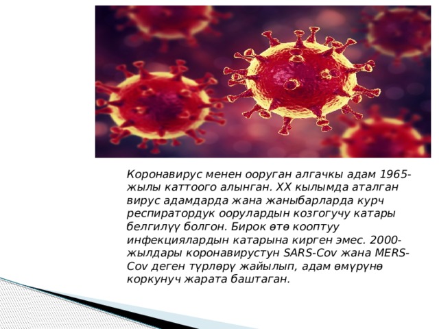 Коронавирус менен ооруган алгачкы адам 1965-жылы каттоого алынган. XX кылымда аталган вирус адамдарда жана жаныбарларда курч респиратордук оорулардын козгогучу катары белгилүү болгон. Бирок өтө кооптуу инфекциялардын катарына кирген эмес. 2000-жылдары коронавирустун SARS-Cov жана MERS-Cov деген түрлөрү жайылып, адам өмүрүнө коркунуч жарата баштаган.   