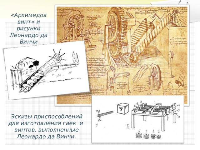 «Архимедов винт» и рисунки Леонардо да Винчи  Эскизы приспособлений для изготовления гаек и винтов, выполненные Леонардо да Винчи.  