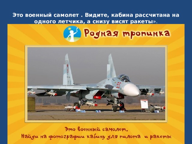 Это военный самолет . Видите, кабина рассчитана на одного летчика, а снизу висят ракеты ». 