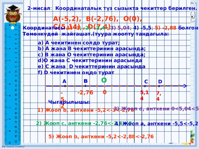 2-мисал : Координаталык түз сызыкта чекиттер берилген. A(-5,2), B(-2,76), O(0), С(5,14) , D(7,4) Координатасы  1) -3 ; 2) -2,4 ; 3) 5,04 ; 4) -5,5 ; 5) -2,88 болгон чекит Төмөнкүдөй жайгашат.(туура жоопту тандагыла: а) А чекитинен солдо турат; b) А жана В чекиттеринин арасында; c) В жана О чекиттеринин арасында; d)О жана С чекиттеринин арасында e) С жана D чекиттеринин арасында f) D чекитинен оңдо турат О в А С D 0 -2,76 -5,2 5,14 7,4 Чыгарылышы: 3) Жооп d, анткени 0 1) Жооп b, анткени -5,2 2) Жооп c, анткени -2,76 4) Жооп a, анткени -5,5 5) Жооп b, анткени -5,2 