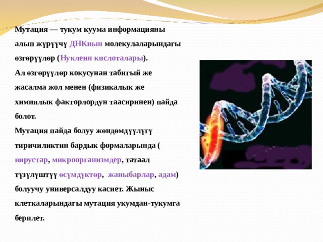 Мутация — тукум куума информацияны алып жүрүүчү ДНКнын  молекулаларындагы өзгөрүүлөр ( Нуклеин кислоталары ). Ал өзгөрүүлөр кокусунан табигый же жасалма жол менен (физикалык же химиялык факторлордун таасиринен) пайда болот. Мутация пайда болуу жөндөмдүүлүгү тиричиликтин бардык формаларында ( вирустар ,  микроорганизмдер , татаал түзүлүштүү  өсүмдүктөр ,  жаныбарлар ,  адам ) болуучу универсалдуу касиет. Жыныс клеткаларындагы мутация укумдан-тукумга берилет. 