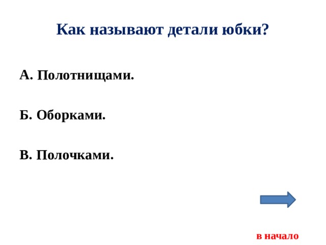 Как называют детали юбки? А. Полотнищами.  Б. Оборками.  В. Полочками.     в начало 