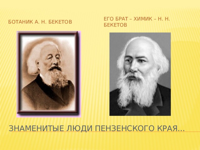Его брат – химик – Н. Н. Бекетов Ботаник А. Н. Бекетов Знаменитые люди Пензенского края… 