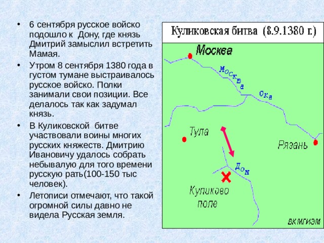 6 сентября русское войско подошло к Дону, где князь Дмитрий замыслил встретить Мамая. Утром 8 сентября 1380 года в густом тумане выстраивалось русское войско. Полки занимали свои позиции. Все делалось так как задумал князь. В Куликовской битве участвовали воины многих русских княжеств. Дмитрию Ивановичу удалось собрать небывалую для того времени русскую рать(100-150 тыс человек). Летописи отмечают, что такой огромной силы давно не видела Русская земля. 