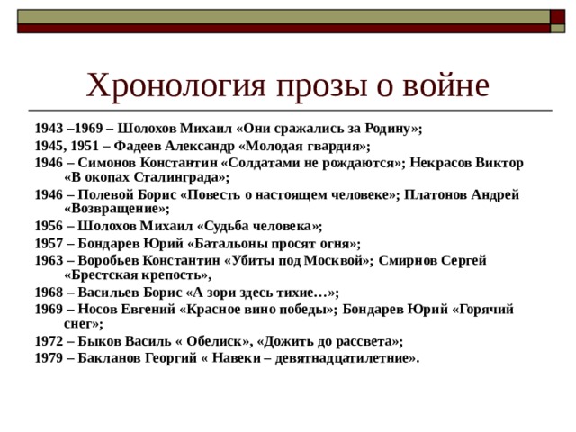 Хронология прозы о войне 1943 –1969 – Шолохов Михаил «Они сражались за Родину»; 1945, 1951 – Фадеев Александр «Молодая гвардия»; 1946 – Симонов Константин «Солдатами не рождаются»; Некрасов Виктор «В окопах Сталинграда»; 1946 – Полевой Борис «Повесть о настоящем человеке»; Платонов Андрей «Возвращение»; 1956 – Шолохов Михаил «Судьба человека»; 1957 – Бондарев Юрий «Батальоны просят огня»; 1963 – Воробьев Константин «Убиты под Москвой»; Смирнов Сергей «Брестская крепость», 1968 – Васильев Борис «А зори здесь тихие…»; 1969 – Носов Евгений «Красное вино победы»; Бондарев Юрий «Горячий снег»; 1972 – Быков Василь « Обелиск», «Дожить до рассвета»; 1979 – Бакланов Георгий « Навеки – девятнадцатилетние».  