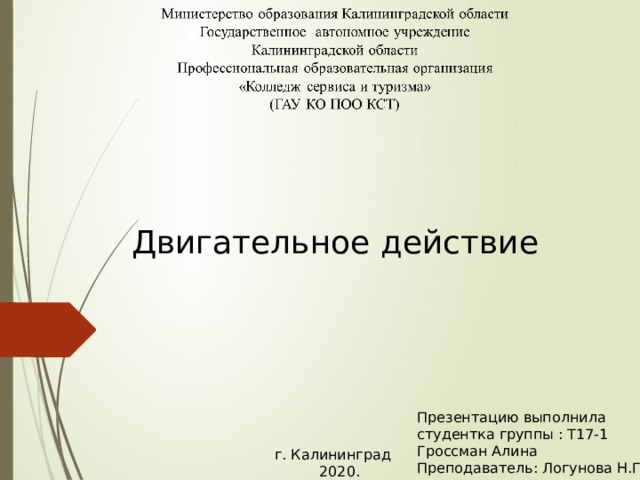 Двигательное действие Презентацию выполнила студентка группы : Т17-1 Гроссман Алина Преподаватель: Логунова Н.Г. г. Калининград  2020. 