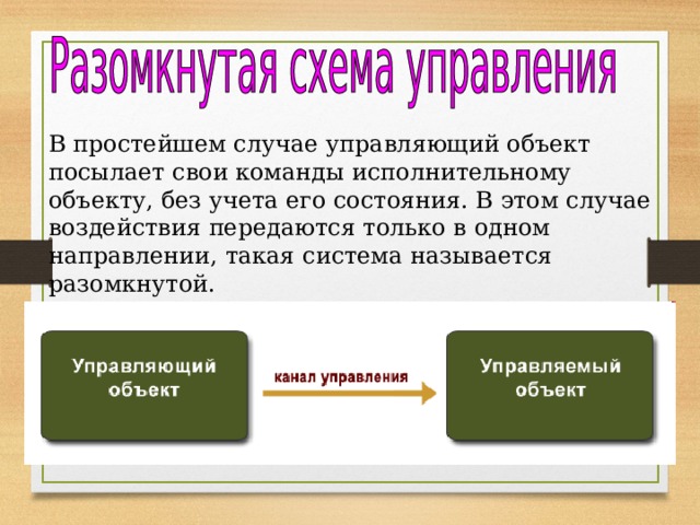В простейшем случае управляющий объект посылает свои команды исполнительному объекту, без учета его состояния. В этом случае воздействия передаются только в одном направлении, такая система называется разомкнутой. 
