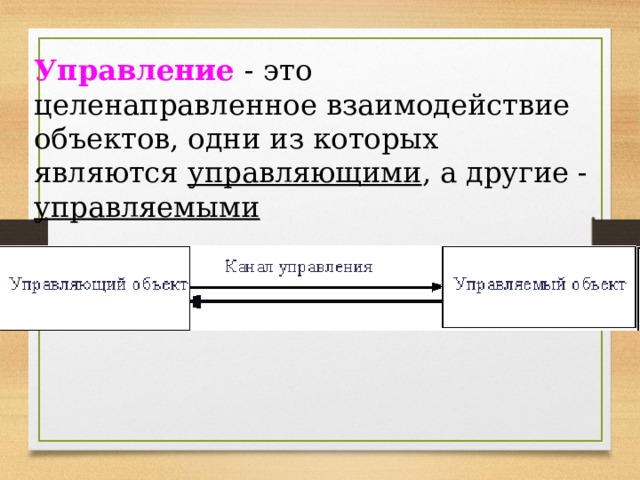 Управление - это целенаправленное взаимодействие объектов, одни из которых являются управляющими , а другие - управляемыми 