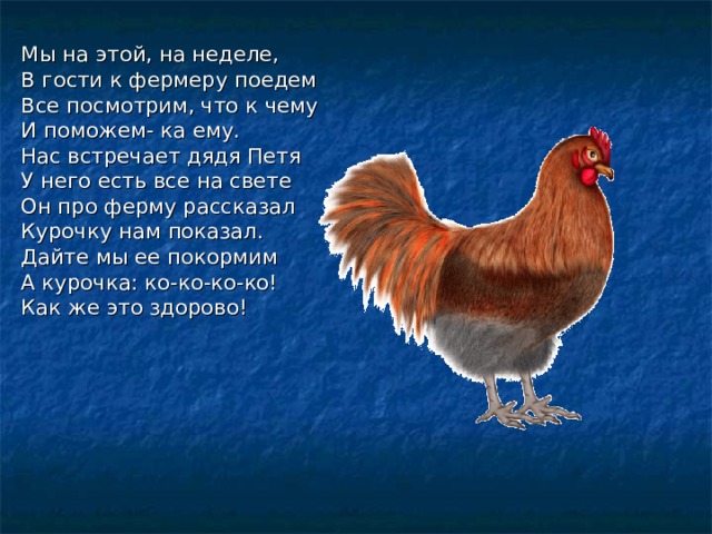 Мы на этой, на неделе, В гости к фермеру поедем Все посмотрим, что к чему И поможем- ка ему. Нас встречает дядя Петя У него есть все на свете Он про ферму рассказал Курочку нам показал. Дайте мы ее покормим А курочка: ко-ко-ко-ко!  Как же это здорово!  