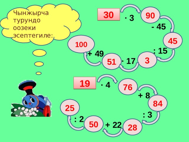 Чынжырча турундо оозеки эсептегиле: 90 30 ∙ 3 - 45 45 100 : 15 + 49 3 51 ∙ 17 19 ∙ 4 76 + 8 84 25 : 3 : 2 50 + 22 28 