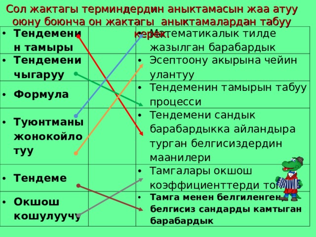 Сол жактагы терминдердин аныктамасын жаа атуу оюну боюнча он жактагы аныктамалардан табуу керек. Тендеменин тамыры Тендемени чыгаруу Формула Математикалык тилде жазылган барабардык Туюнтманы жонокойлотуу Эсептоону акырына чейин улантуу Тендеме Тендеменин тамырын табуу процесси Тендемени сандык барабардыкка айландыра турган белгисиздердин маанилери Окшош кошулуучу Тамгалары окшош коэффициенттерди топтоо Тамга менен белгиленген, белгисиз сандарды камтыган барабардык  