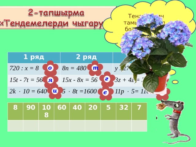 Тендеменин тамырын таап , болмо гулунун атын тапкыла… 1 ряд 2 ряд 720 : x = 8 8n = 480 3 ряд 15t - 7t = 56 15x - 8x = 56 2k  10 = 640 y : 27 = 4 3z + 4z = 35 5  8t =1600 11p  5= 1100    т р о    г я з    и е н 8 90 108 60 40 20 5 32 7 