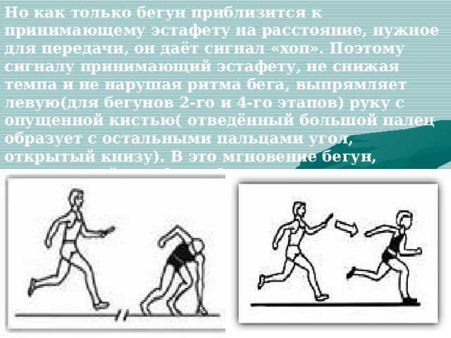 Но как только бегун приблизится к принимающему эстафету на расстояние, нужное для передачи, он даёт сигнал «хоп». Поэтому сигналу принимающий эстафету, не снижая темпа и не нарушая ритма бега, выпрямляет левую(для бегунов 2-го и 4-го этапов) руку с опущенной кистью( отведённый большой палец образует с остальными пальцами угол, открытый книзу). В это мгновение бегун, передающий эстафету, быстро вытягивает правую руку и движением снизу вперёд и слегка вверх точно вкладывает эстафетную палочку в кисть принимающего. 