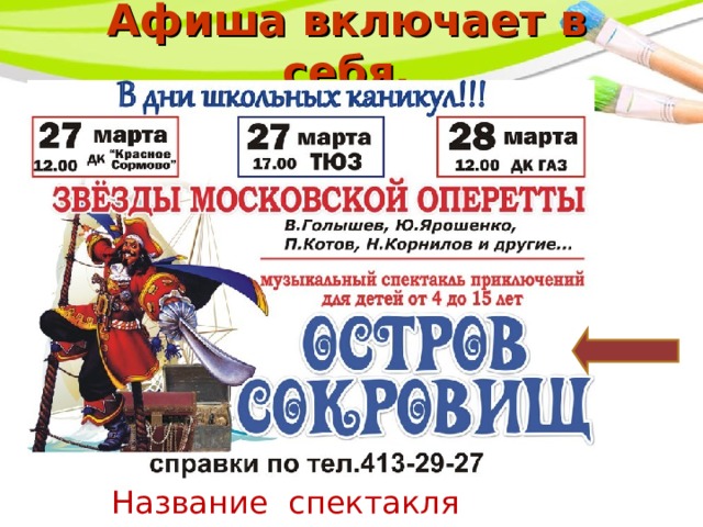 Афиша включает в себя. Название спектакля 