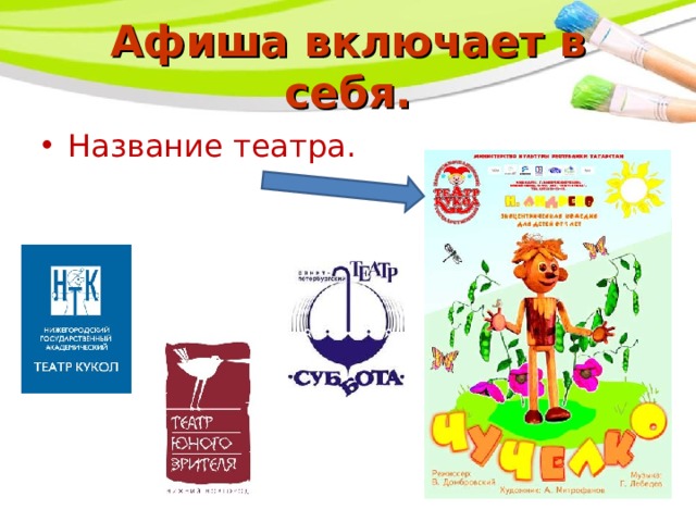 Афиша включает в себя. Название театра. 