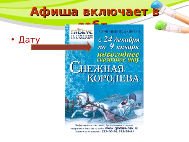 Афиша включает в себя. Дату 