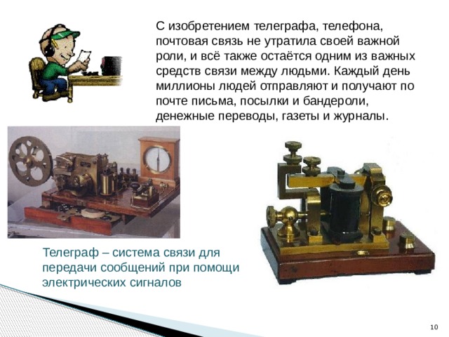 С изобретением телеграфа, телефона, почтовая связь не утратила своей важной роли, и всё также остаётся одним из важных средств связи между людьми. Каждый день миллионы людей отправляют и получают по почте письма, посылки и бандероли, денежные переводы, газеты и журналы. Телеграф – система связи для передачи сообщений при помощи электрических сигналов  