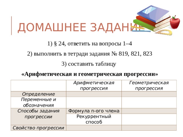ДОМАШНЕЕ ЗАДАНИЕ 1) § 24, ответить на вопросы 1–4 2) выполнить в тетради задания № 819, 821, 823 3) составить таблицу «Арифметическая и геометрическая прогрессии»   Определение Арифметическая прогрессия Геометрическая прогрессия   Переменные и обозначения Способы задания прогрессии     Формула n -ого члена   Свойство прогрессии   Рекуррентный способ       